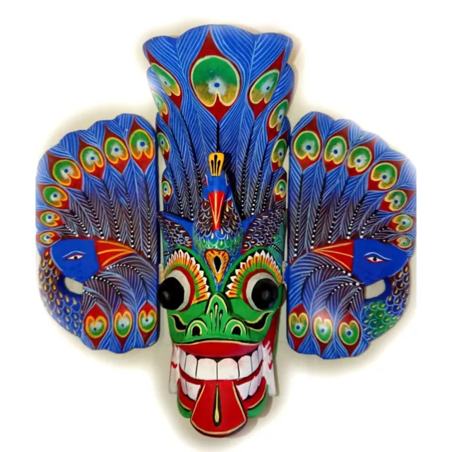 Traditional Peacock Devil Mask 10” Hand Craved Wooden Sri Lankan Home Décor Free