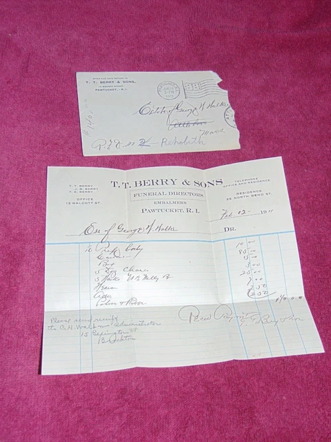 1911 T. T. Berry & Sons Directores Funerarios Pawtucket, R.i. Sobre Y Recibo