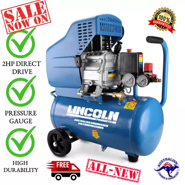 Lincoln Direct Drive Air Compressor 24L 2HP Direct Drive Inflator Pump Durable