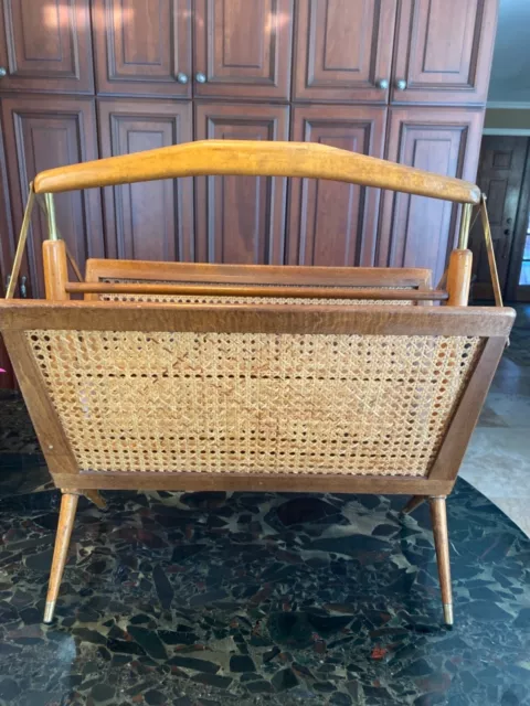 1950-59  MCM ICO PARISI Brass Walnut Wood wicker Vintage  Magazine Rack