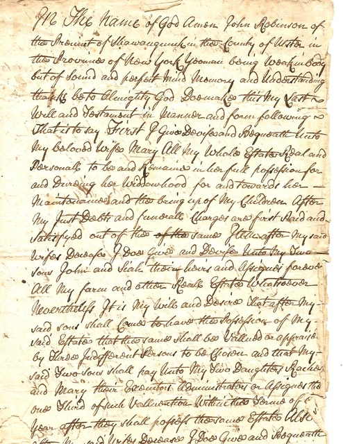 1746 Shawangunk Ulster County New York John Robinson Last Will & Testament