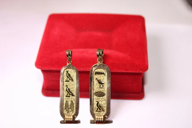 Egyptian Gold 18K Deluxe Pendant Cartouche 2 Names in Hieroglyphics Double Sided