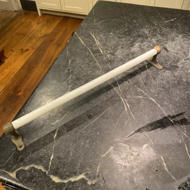 Vintage Original Milk Glass Towel Bar w Handsome Cast Brass Ends