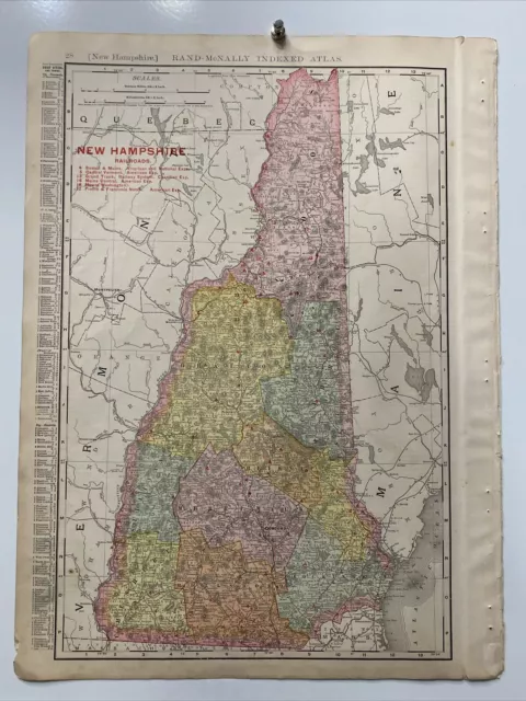 Large Format 1905 COLOR Rand McNally Map Atlas Page 28 Railroads New Hampshire