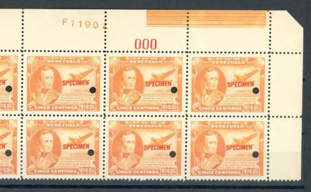 VENEZUELA Air Mail Stamp 5c SUCRE (1945) ABNCo F11902 SPECIMEN Block{10} ZS34