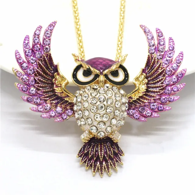 Hot Fashion Lady Purple Enamel Cute Owl Animal Crystal Pendant Womens Necklace