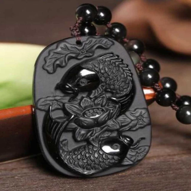 Natural Obsidian Carved Pisces Lucky Amulet Pendant Unisex Charm Jewellery Gold