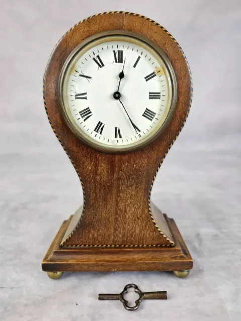 Vintage Edwardian Wooden Balloon Clock   In Working Order, Key Included