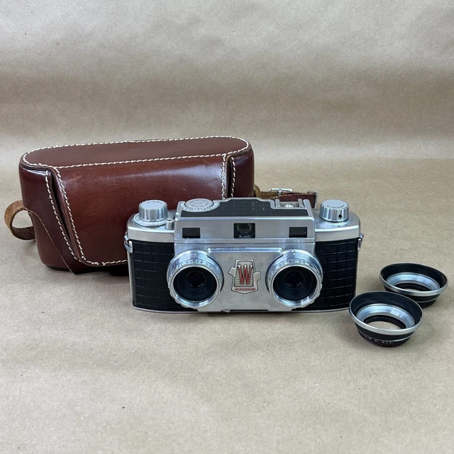 Cámara estéreo Wollensak 10 con lentes Amaton de 35 mm 2,7 con campanas y estuche plegables