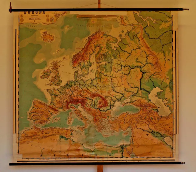 Schulwandkarte physisch Europa ~1922 195x180 vintage physical europe school map