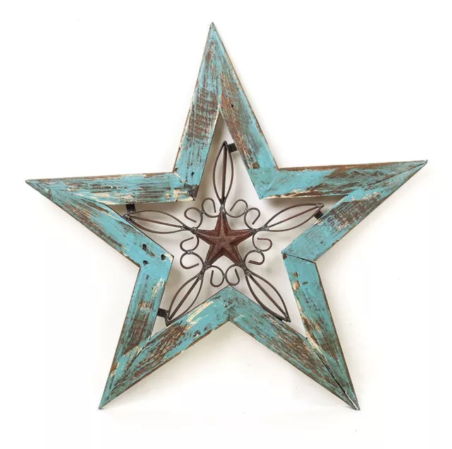 Texas Star-Rustic Architectural Wood & Iron-Turquoise-Mexican Folk Art-20 in.