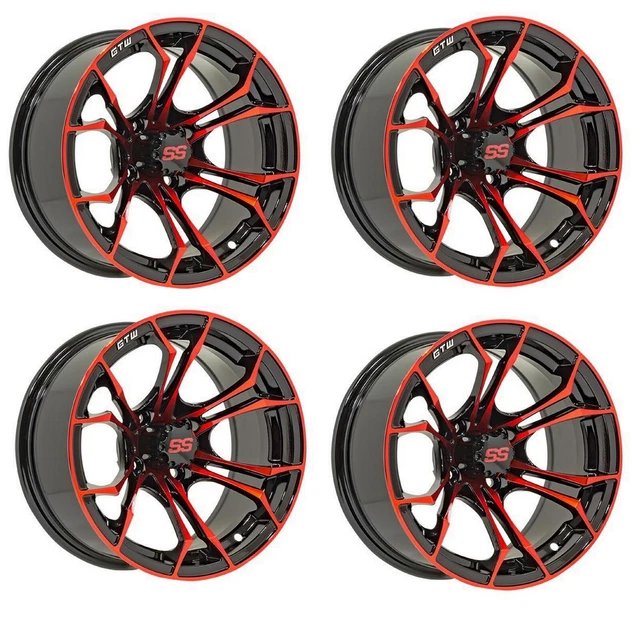 Golf Cart GTW 12x7 Black Red Spyder Wheels Set of 4 3:4 Offset 4/4
