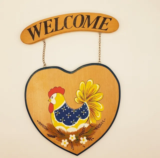 Vintage Welcome Sign Handpainted Wood Chicken Hen Nest Flowers Decor Taiwan 15”