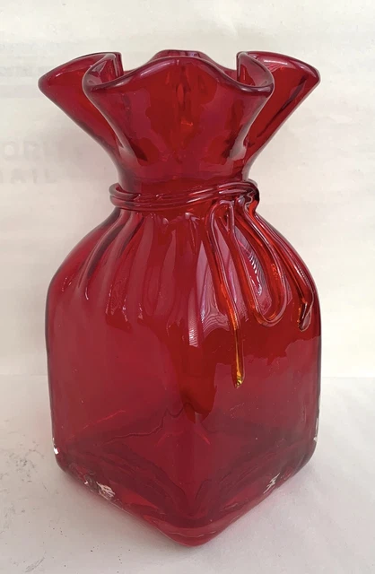 Ruby Red Hand Blown BAG / SACK Vase w/ Tie. Layered Red & Clear Studio Art Glass