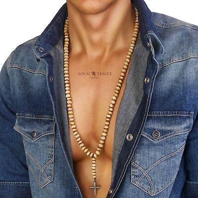 Collana Rosario di Perline di Legno da Uomo Croce Club Party Surf Ragazzi