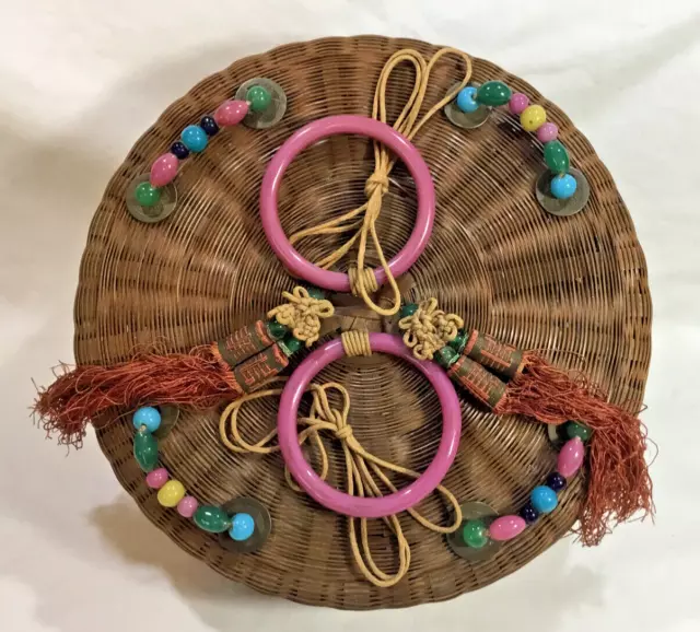 Antique Chinese 10” Wicker Sewing Basket with Glass Beads & Coins