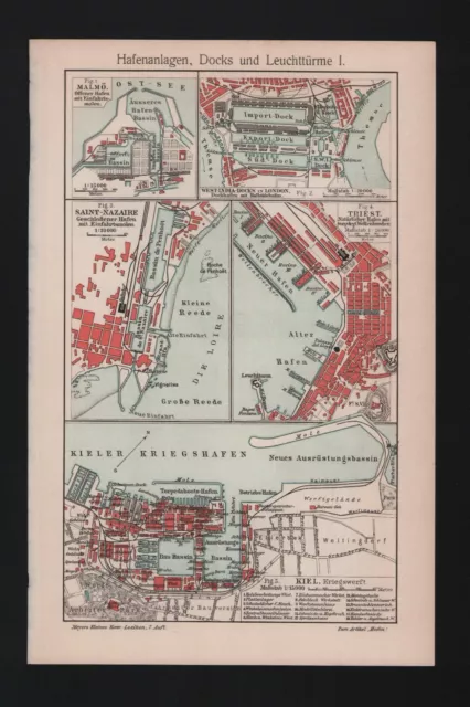 Lithografie map 1909: Hafenanlagen, Docks und Leuchttürme I/II.