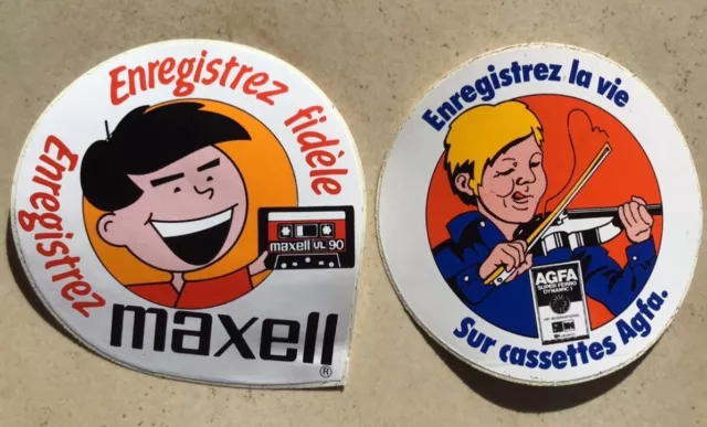 Lot de 2 Autocollant sticker  ancien 1980 cassettes vierges AGFA et MAXELL 