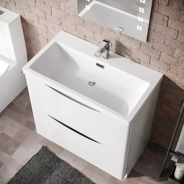 Modern 800mm Freestanding Gloss White Basin Vanity Sink 2 Drawer | Lyndon 3