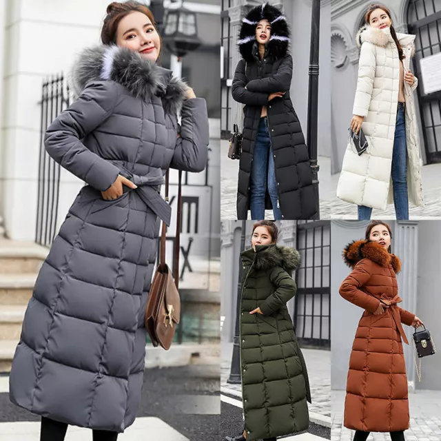 Winter Warm Women Puffer Fur Collar Long Quilted Parka Coat Hooded Jacket ①