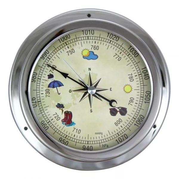 Barometer maritim im Bullauge Ø  14,5 cm Design-Zifferblatt, Messing verchromt