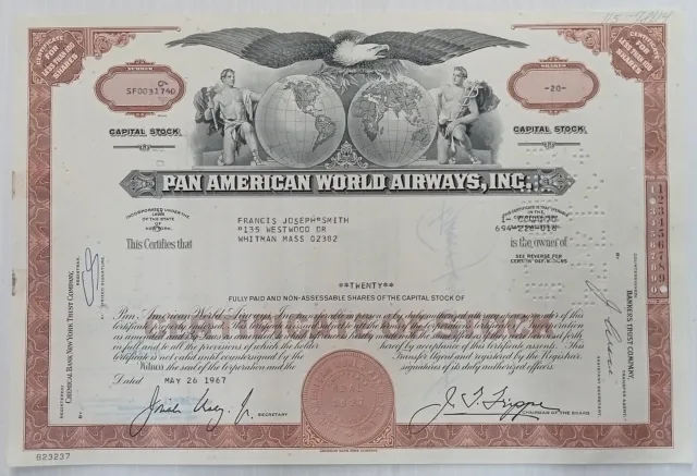 US Pan American World Airways, Inc 1967 share certificates for 100 & 20 shares
