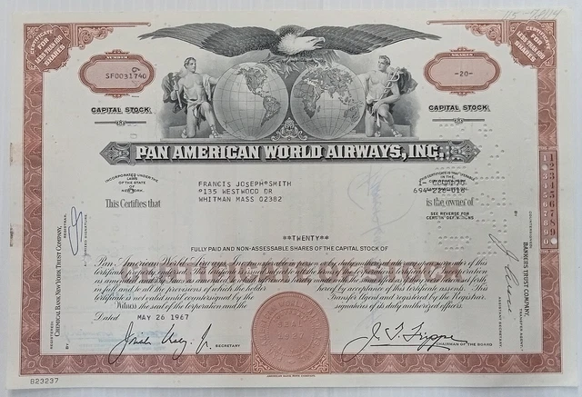 US Pan American World Airways, Inc 1967 share certificates for 100 & 20 shares
