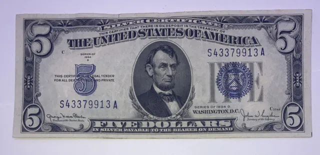 1934 ($5) Dollar Blue Silver Certificate  Payable In Silver To Bearer On Demand