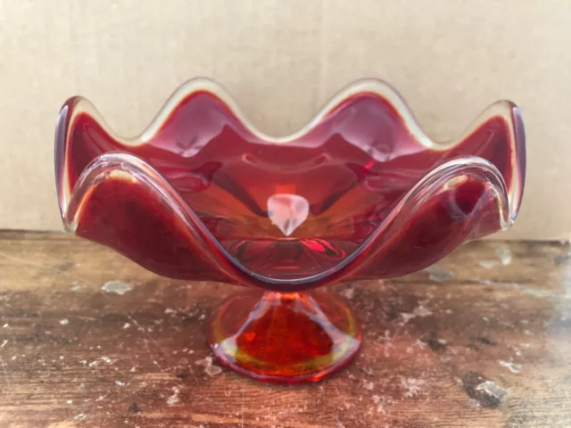 Vintage VIKING GLASS Red Footed Compote Candy Dish Bowl MCM Mid Century