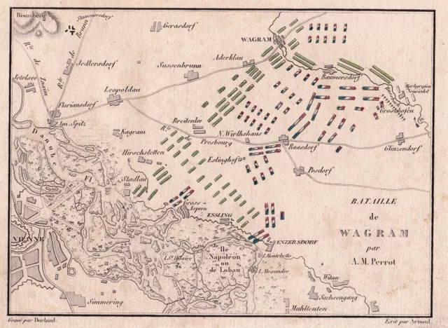 Gravure XIXe Plan Bataille de Wagram Napoléon Bonaparte Österreich Autriche 1837