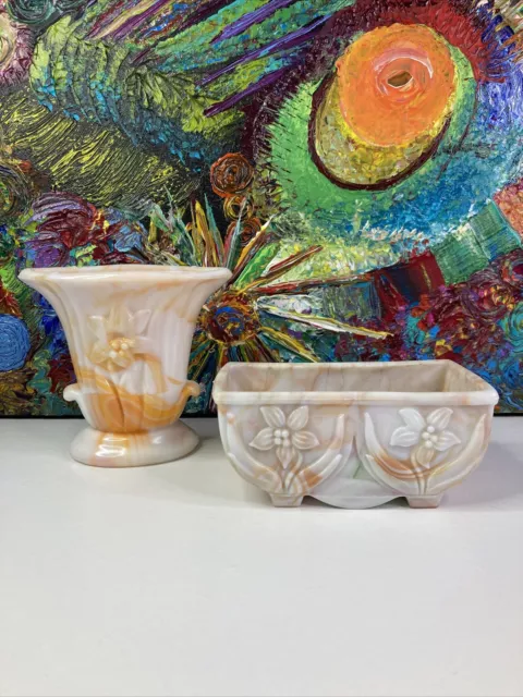 Vintage Akro Agate Daffodil Vase & Planter Orange Green Swirl Set Of 2