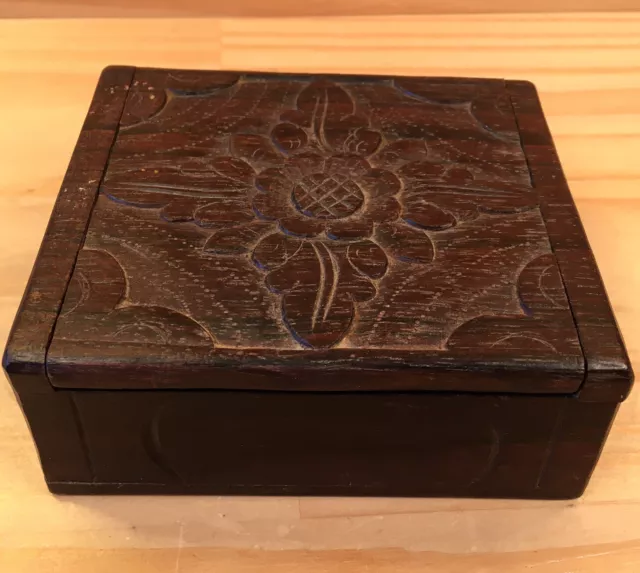 ASIAN LOTUS “Brown” Gorgeous Carved Ebony Trinket Box Wooden Chest Ornament 2