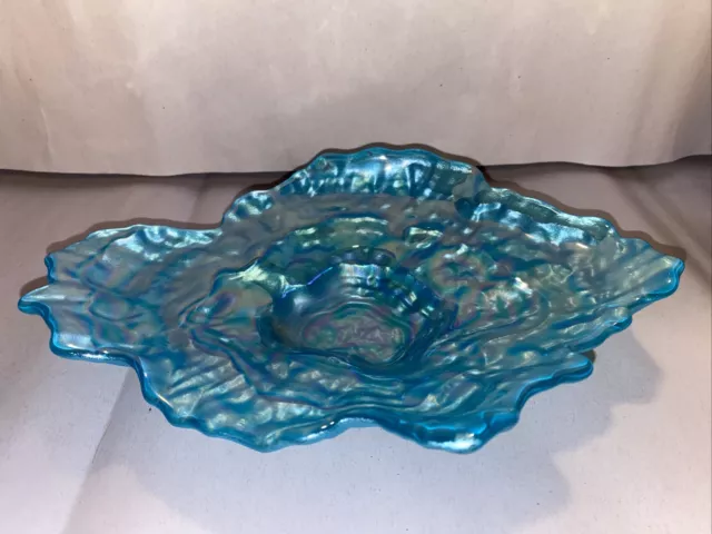 Akcam Turkish Blue Iridescent Frosted Art Glass Oyster Shell Decorative Bowl