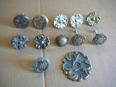 LOT of 11- VINTAGE ORNATE BRASS TONE CAST METAL KNOB PULLS + ONE BACKING PLATE