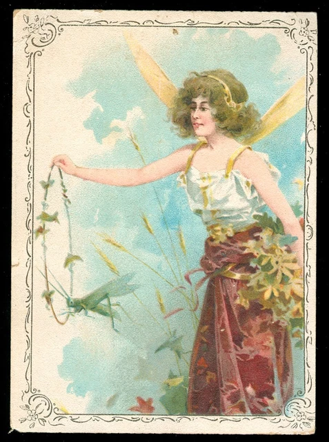 1890s Women FAIRIES & BUGS Lion COFFEE CARD Grasshopper ART NOUVEAU Victorian