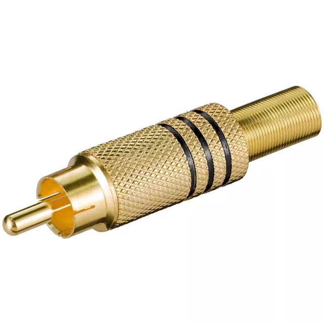 Cinchstecker mit Knickschutz vergoldet für Kabel-ø 7mm schwarzer Farbkennring