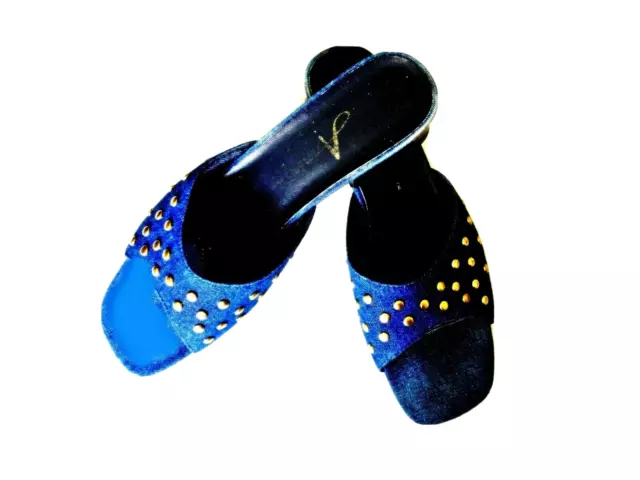 Women's Mules Sandals Slides Size 7 Studded Blue Denim Slip Ons Open Toes Casual