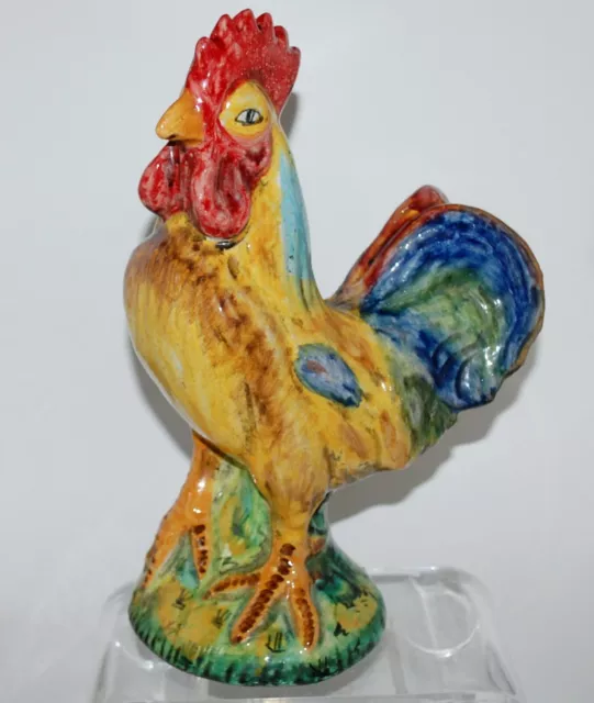 Large Bertini Florence Italy Hand Painted Red Ware Majolica Rooster.