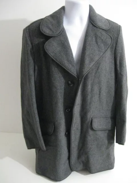 VINTAGE 1960s WOOL BLEND GREY MENS COAT BUTTON UP TARTAN LINED