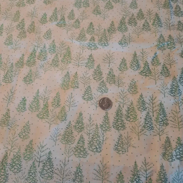 Vintage 70s 80s Metallic Sparkles Green Trees Fabric 1 yard x 43"w    43" x 43"