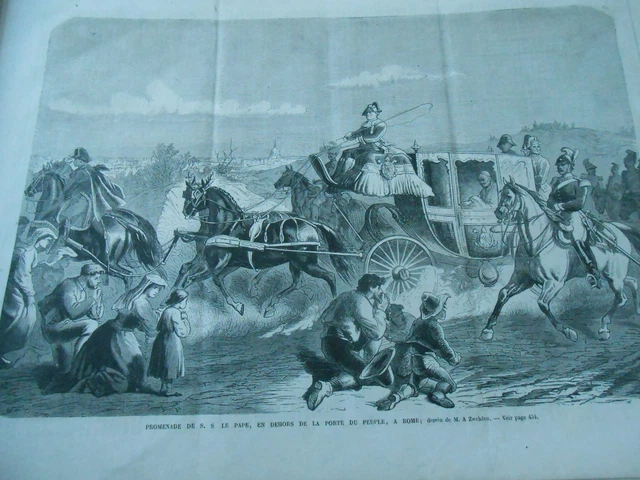 Gravure 1866 - Promenade du Pape en dehors de la porte du peuple à Rome