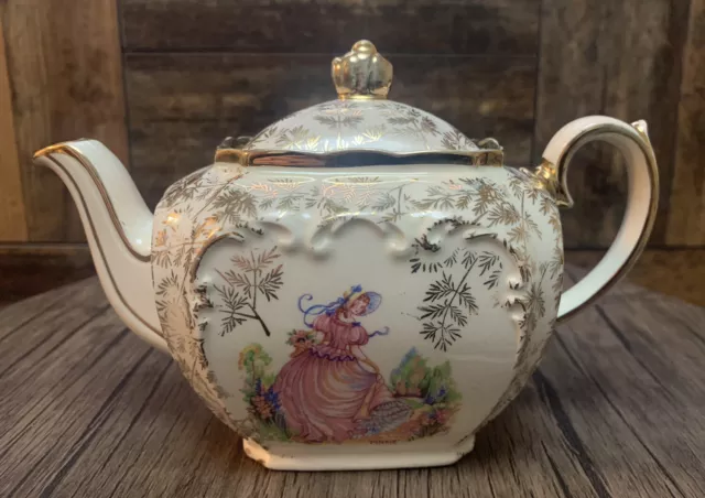 Sadler Cube Gilt Chintz Crinoline Lady Pinkie Teapot Set Sugar Basin Milk Jug 2