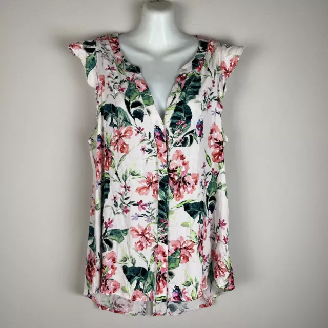 Sanctuary Floral Sleeveless Ruffle Shoulder Button Down Shell Blouse Size L NWT