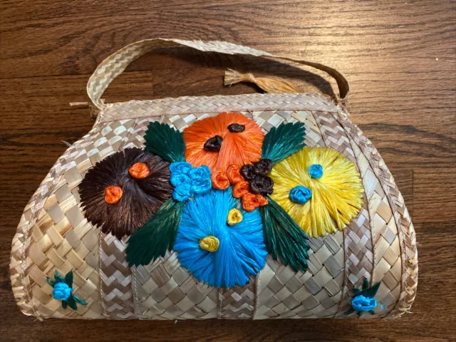 Vintage Floral Hand Woven Straw Raffia Wicker Beach Tote Bag Purse Mid-Century