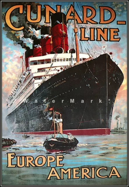 Cunard Ship Line 1914 Europe USA Canada RMS Aquitania Vintage Poster Print Art