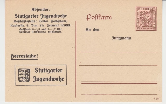 Württemberg - Ganzsache der Stuttgarter Jugendwehr (Heeressache) - bitte ansehen