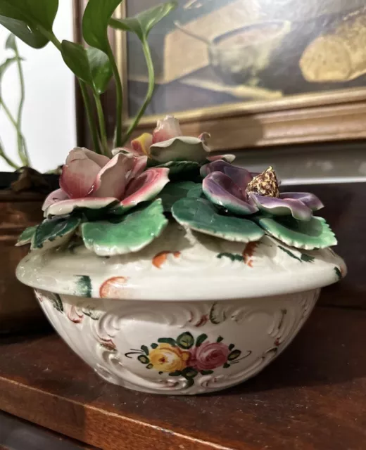 Vintage Capodimonte Covered Pottery Hand Painted Floral Bowl