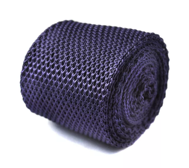 Frederick Thomas Knitted Silk Mens Tie - Dark Purple - Plain Skinny Wedding