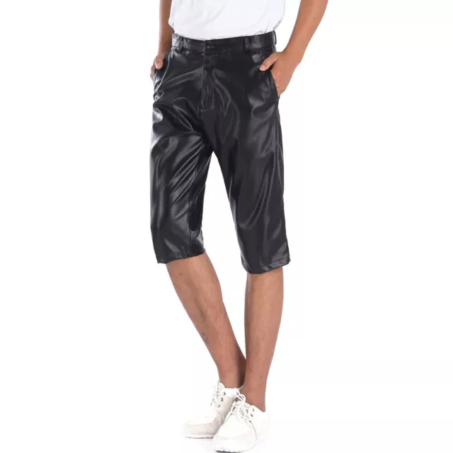 Hommes Faux Cuir Court Pantalon Extensible Short Bas Punk Slim Neuf