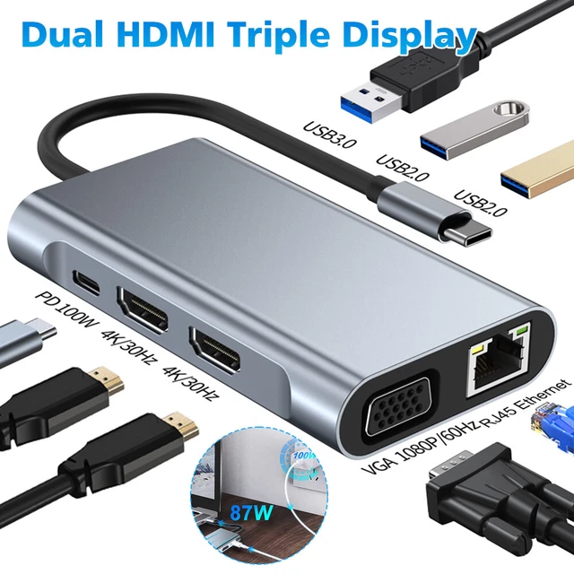 8 in 1 USB C to HDMI Hub for MacBook Air/Pro Type C Adapter Dongle 100W PD RJ45
